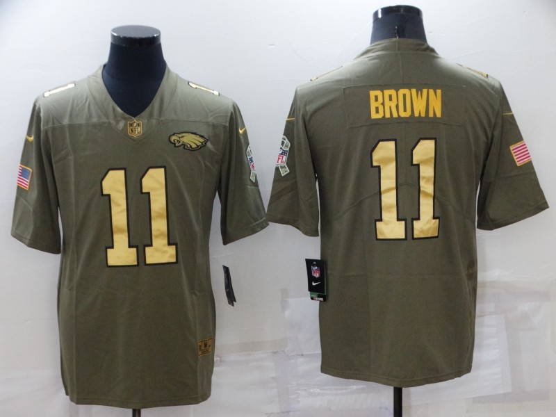Men's Philadelphia Eagles #11 A. J. Brown Olive/Gold Salute To Service Limited Stitched Jersey Men's Philadelphia Eagles #11 A. J. Brown Olive/Gold Salute To Service Limited Stitched Jersey